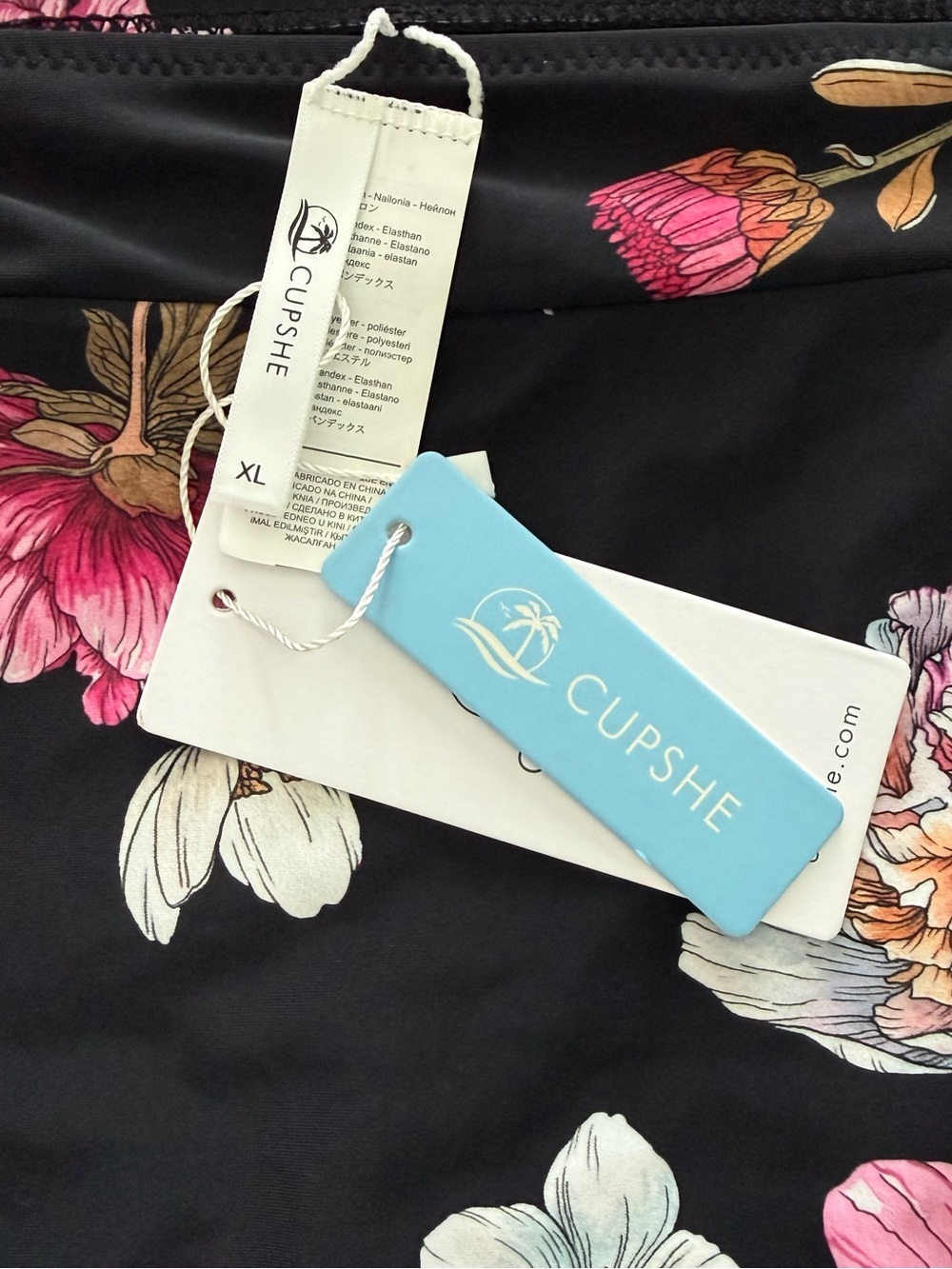 Cupshe Black Floral High-Waist Bikini Bottoms with Pink & White Blooms - Picture 4 of 4